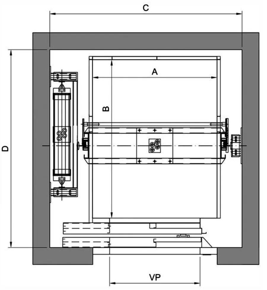 Planta da caixa do elevador eletromecânico com as cotas A, B, C, D e VP